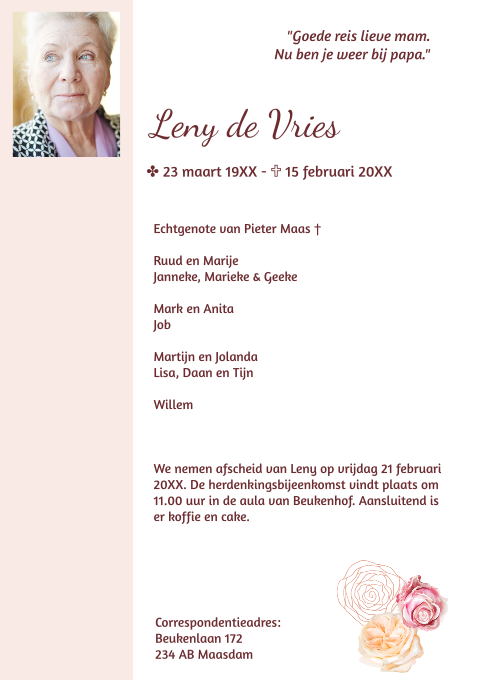 Rouwbrief met rozen