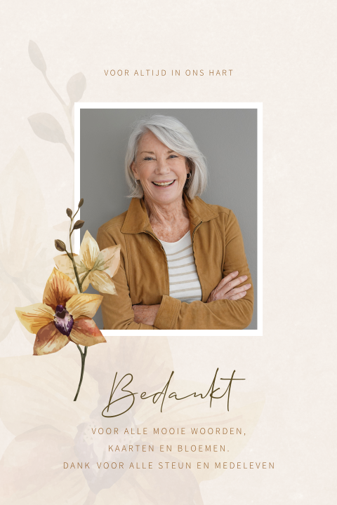 Bedankkaart overlijden met eigen foto en aquarel bloem