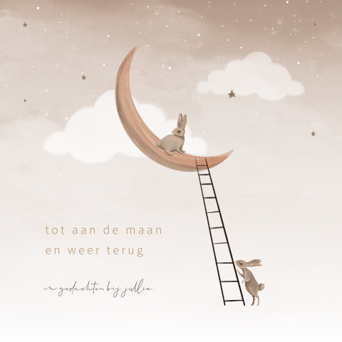 Konijn op ladder en maan tussen wolken condoleancekaart voor een kind