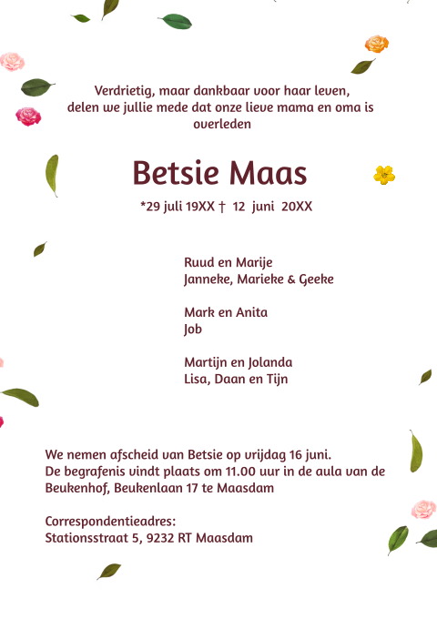 Rouwbrief met rozen thema