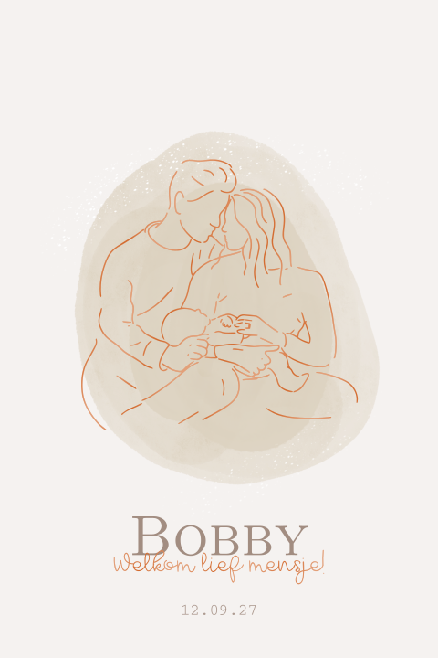 Geboortekaartje lijntekening vader moeder met baby in goudfolie