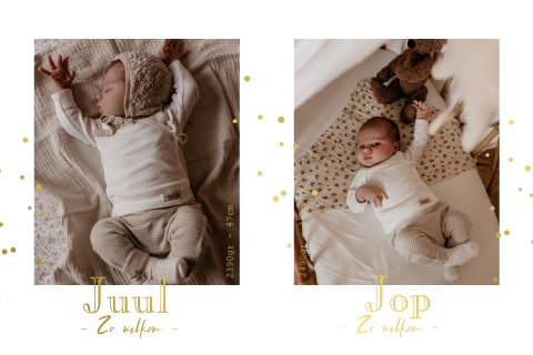 Geboortekaartje tweeling unisex met goudfolie en newbornfoto