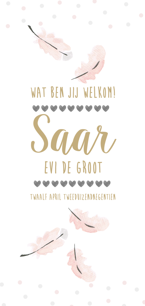 Lief geboortekaartje met waterverf veertjes