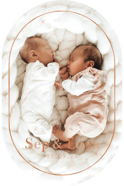 Tweeling geboortekaartje ovaal newborn foto koperfolie sterretjes
