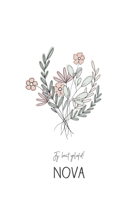 Lief geboortekaartje voor een meisje met boeketje bloemen