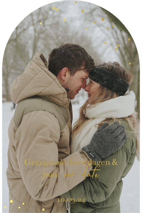 Kerstkaart save the date met foto in kerkraamvorm en foliedruk