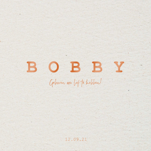 Unisex geboortekaartje met kraft beige achtergrond en koperfolie