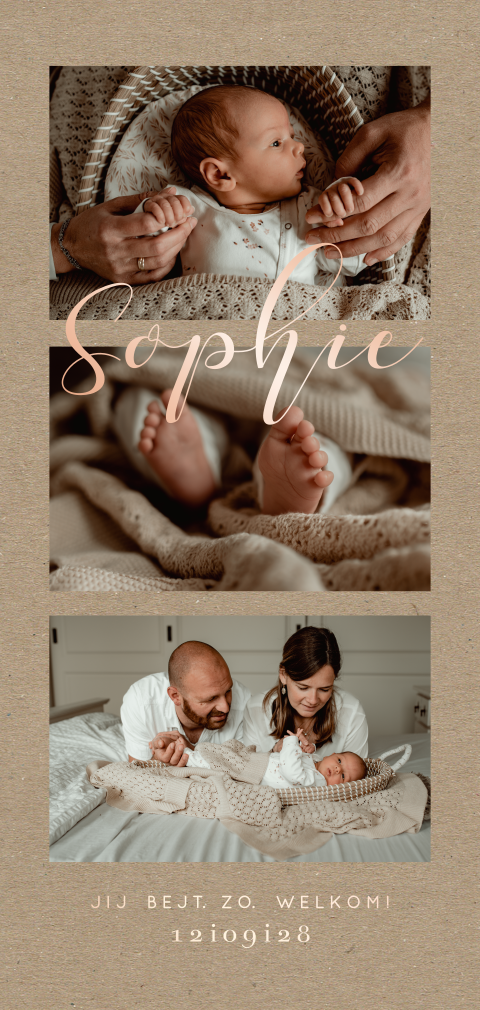 Geboortekaartje meisje met newborn fotos kraft look en rosefolie