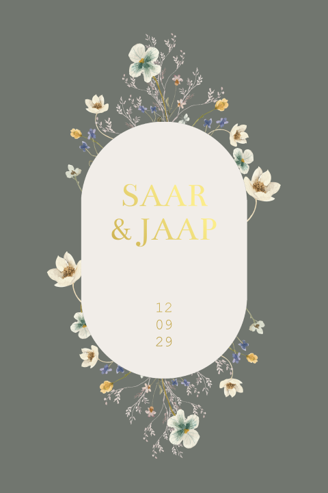 Trouwkaart geschilderde bloemen groen wit blauw met goudfolie
