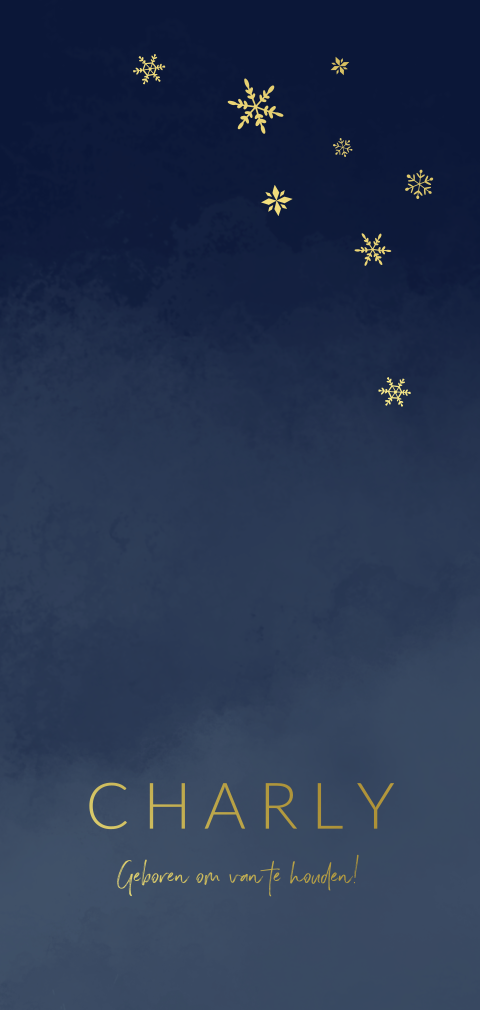 Geboortekaartje met sneeuwvlokken in de nacht en goudfolie