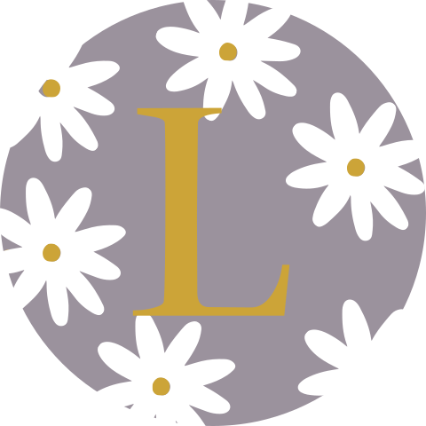 Sluitsticker enveloppe madeliefjes bloemen wit paars oker initialen
