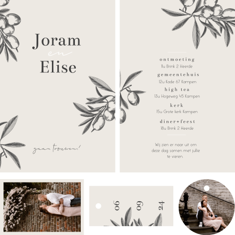 Trouwkaart pocketfold set met losse kaarten met olijftakjes