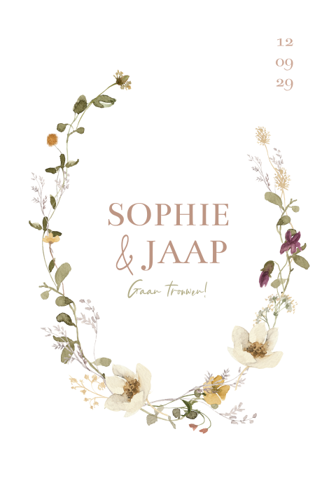 Trouwkaart botanische bloemen krans veldbloemen groen en roze