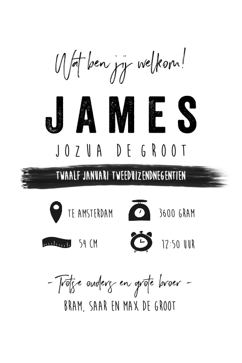 Stoer zwart wit geboortekaartjes voor een jongen