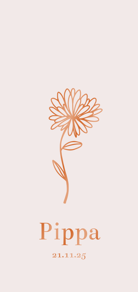 Geboortekaart met geboortebloem chrysant koperfolie roze