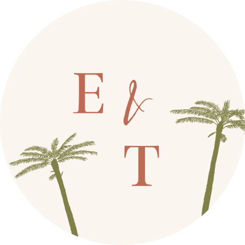 Sluitsticker trouwkaart en save the date met palmbomen en initialen
