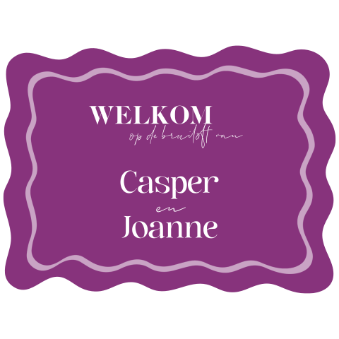 welkomstbord bruiloft golvende vorm paars en wit