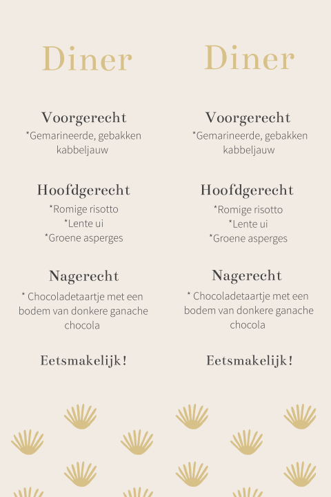 Menukaart passend bij de trouwkaart met zomers patroon en okergeel