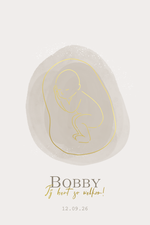 Geboortekaartje lijntekening baby baarmoeder unisex beige goudfolie