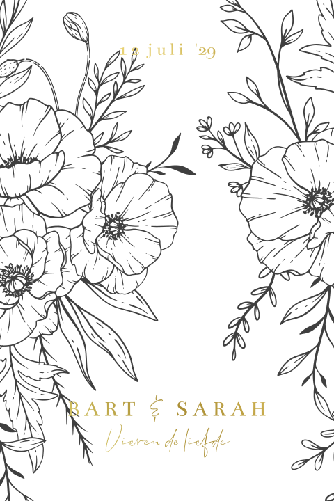 Trouwkaart met lijntekening van veldbloemen met tekst in goudfolie