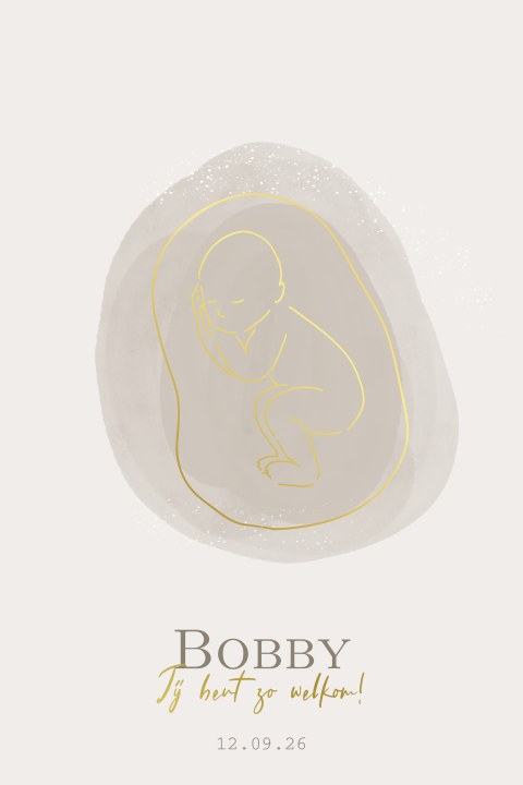 Geboorteposter baby in baarmoeder lijntekening beige goudfolie
