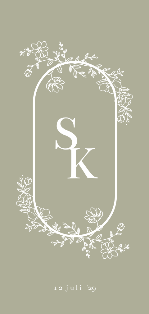 Klassieke trouwkaart met lijntekening bloemen krans groen