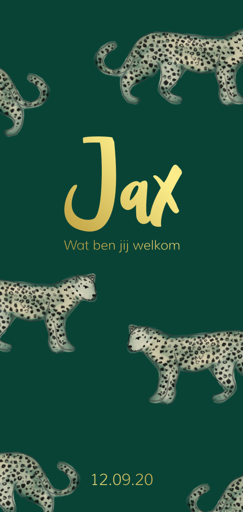 Goudfolie geboortekaartje voor een jongen met panters
