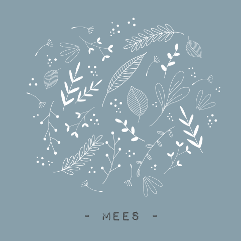 Lief vierkant geboortekaartje met blauwe achtergrond en takjes