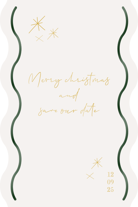 Save the date kerstkaart spotlak sterretjes groen creme goud