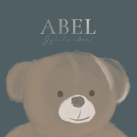 Geboortekaartje jongen met hoofd teddy beer en groen blauw zilverfolie