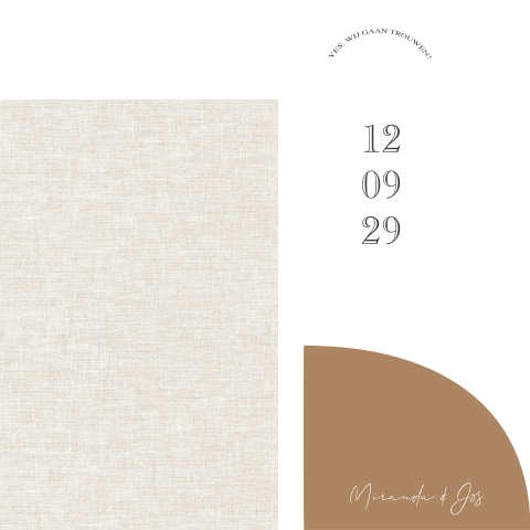 Trouwkaart met labels linnen papier oranje en wit