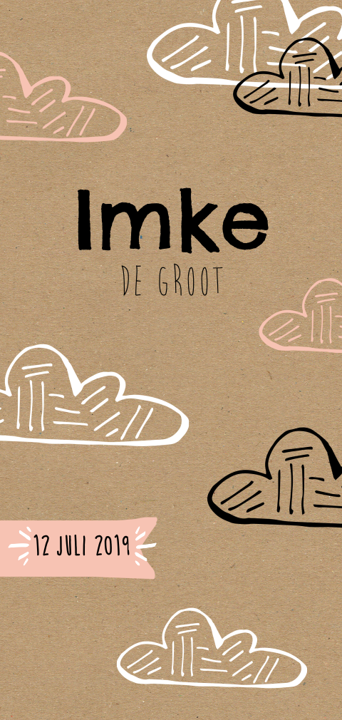 Geboortekaartje met wolkjes en kraft achtergrond