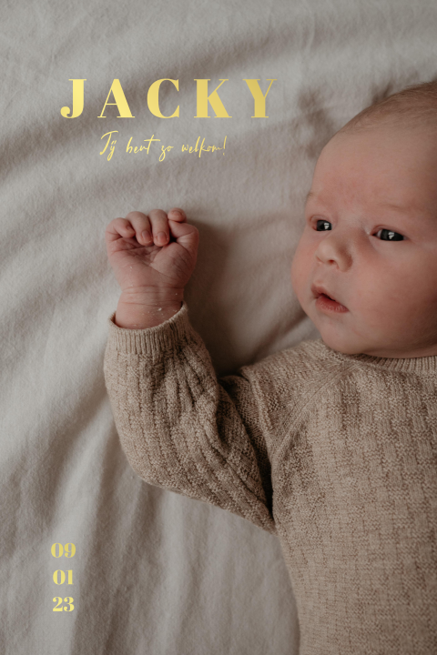 Geboortekaartje jongen of meisje met newborn babyfoto en goudfolie
