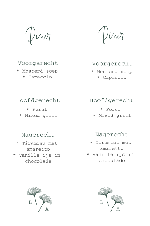 Menukaart bij trouwkaart met trouwlogo ginko blad