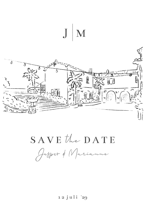 Save the date kaart geschepte kartelrand look tekening trouwlocatie