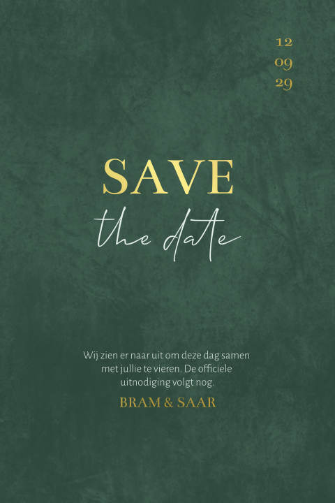 Save the date kaart minimalistisch groen velvet look goudfolie