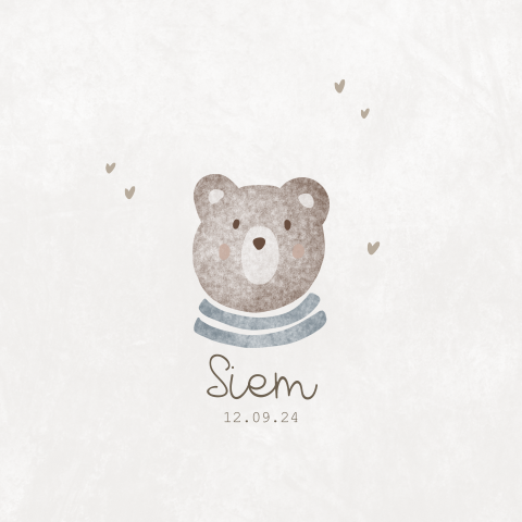 Vierkant geboortekaartje jongen illustratie beertje beige blauw