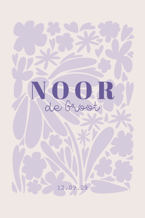 Geboortekaartje meisje met bloemenprint met paars lila