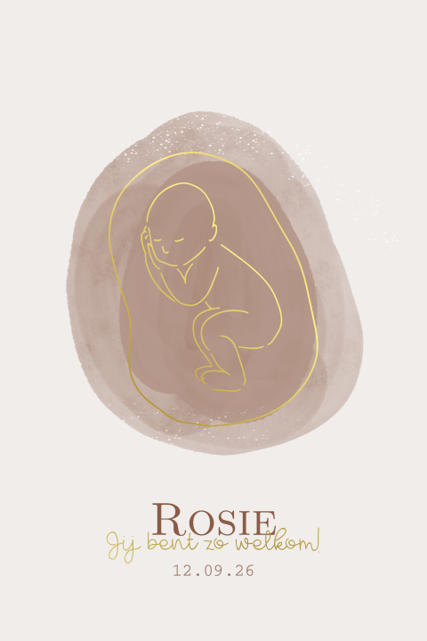 Geboortekaartje meisje met lijntekening baby baarmoeder in foliedruk