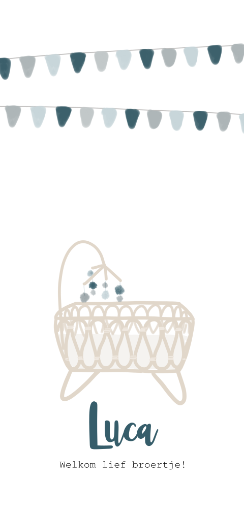 Lief geboortekaartje met retro rotan wiegje en blauwe vlaggetjes