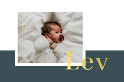 Geboortekaartje jongen met foliedruk en donkergroene vakken foto baby