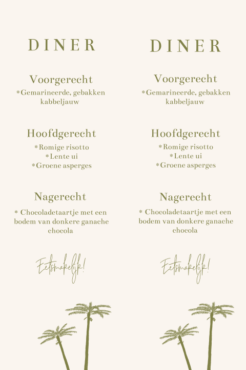 Menukaart met olijfgroene palmbomen in bohemian stijl