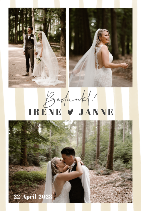 Bedankkaart met beige gele strepen met trouwfotos