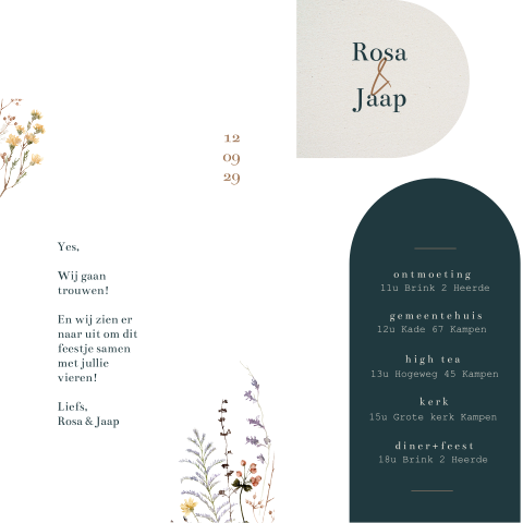 Trouwkaart met 3 kaarten dagprogramma en label met veldbloemen