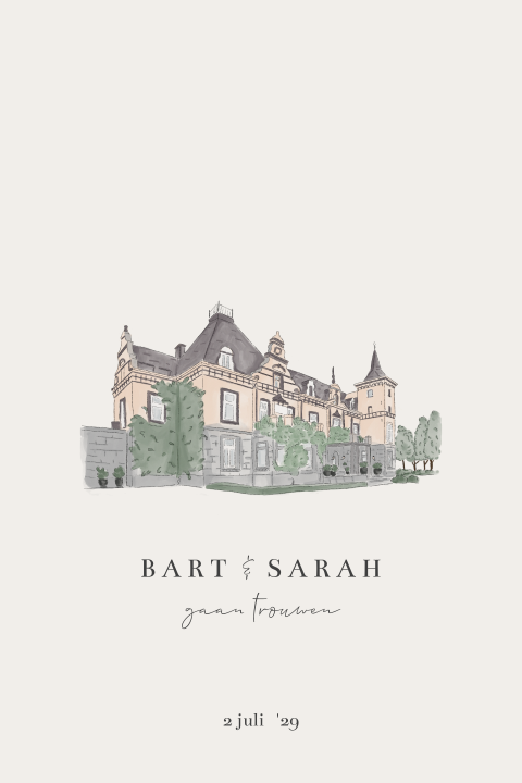 Trouwkaart met tekening trouwlocatie landgoed kasteel de hoogenweerth
