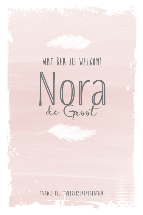 Lief geboortekaartje met veertjes en watercolor achtergrond