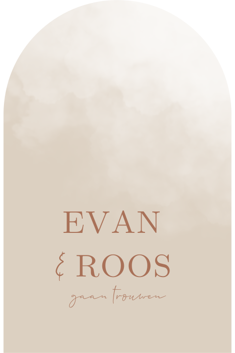 Trouwkaart beige met oranje en watercolour overgang ronde bovenkant