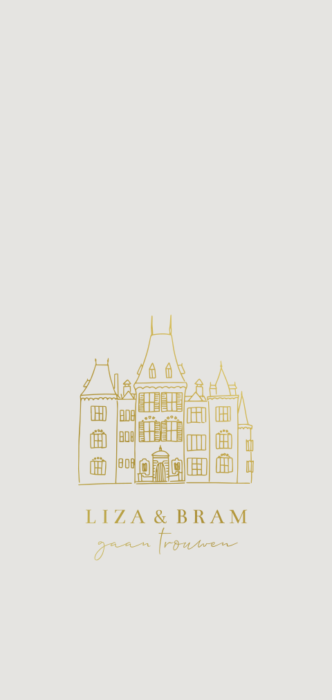 Trouwkaart met lijntekening trouwlocatie in beige en goudfolie