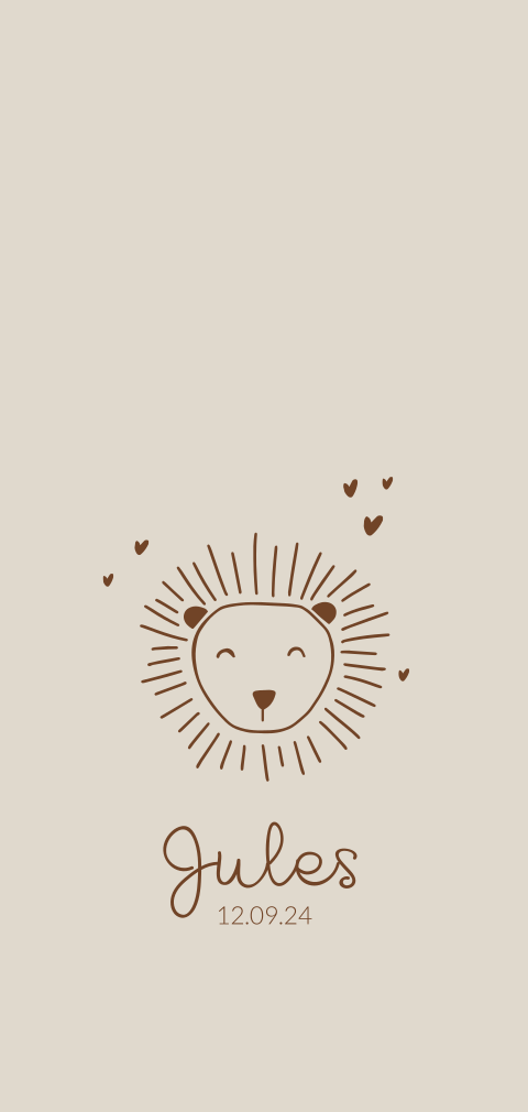 Geboortekaartje jongen meisje lijntekening leeuwenwelp beige en bruin
