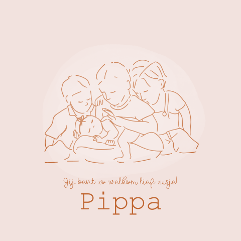 Geboortekaartje meisje lijntekening zusje met drie grote broers roze